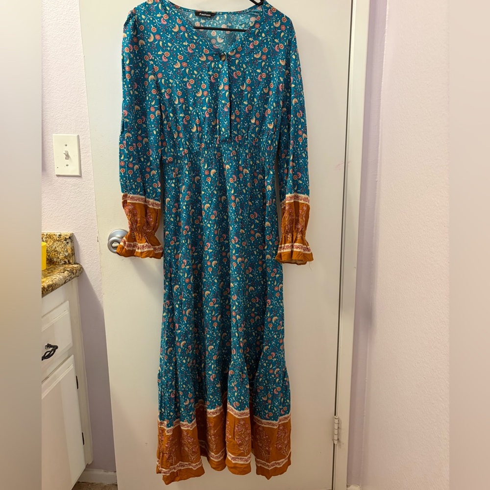 Boho Teal and Rust Floral Maxi Dress - Women-See Images! Slightly different. - Picture 2 of 7